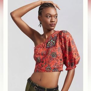 NWT Farm Rio One-Shoulder Crop Top red motif medium